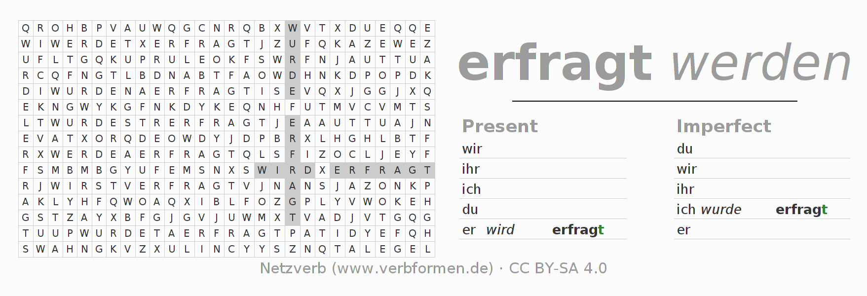 Word search puzzle for conjugation of German verb erfragen (regelm)