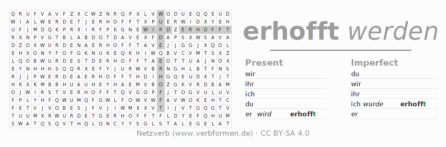 Word search puzzle for conjugation of German verb erhoffen
