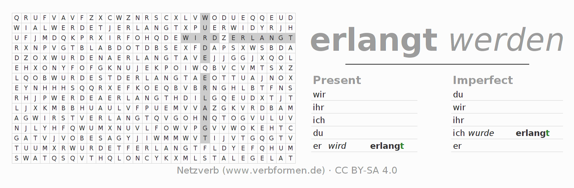 Word search puzzle for conjugation of German verb erlangen