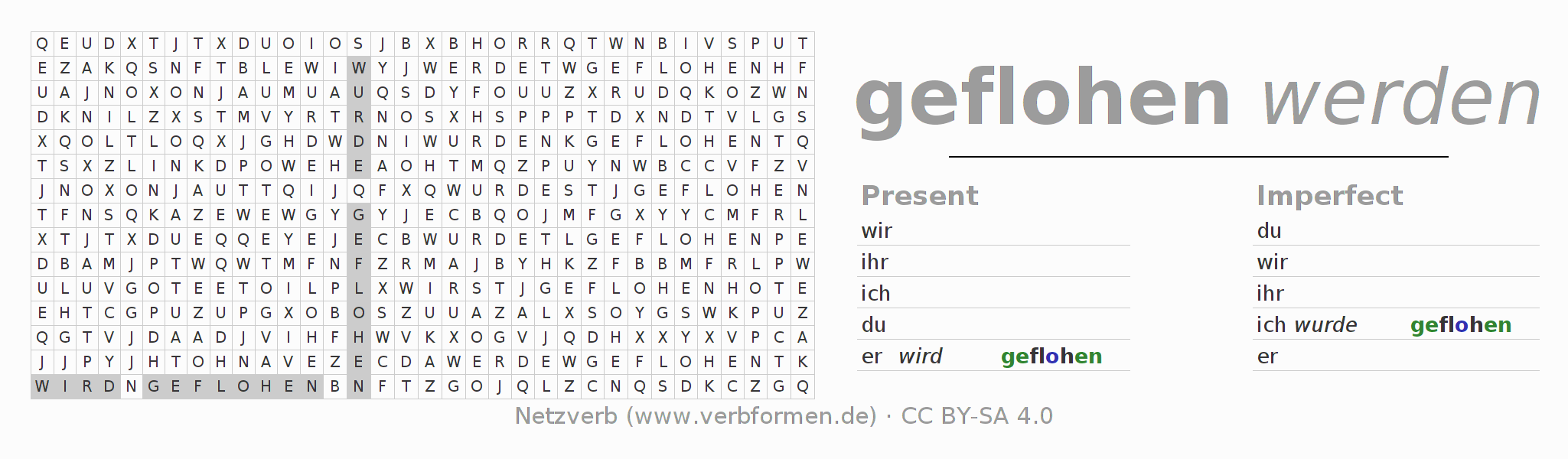 Word search puzzle for conjugation of German verb fliehen (hat)