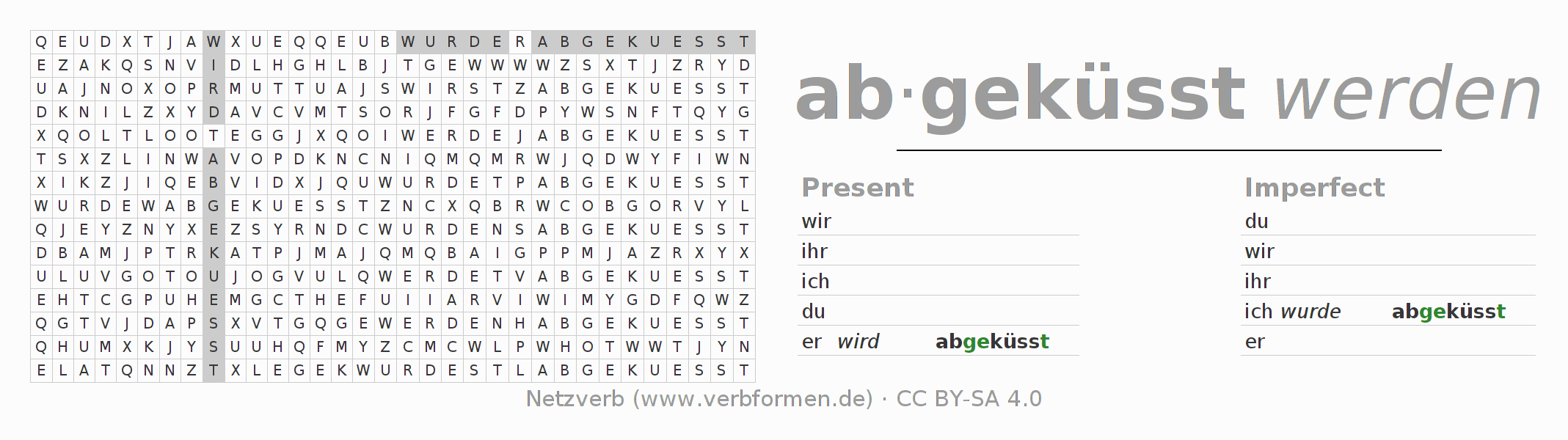 Word search puzzle for conjugation of German verb abküssen