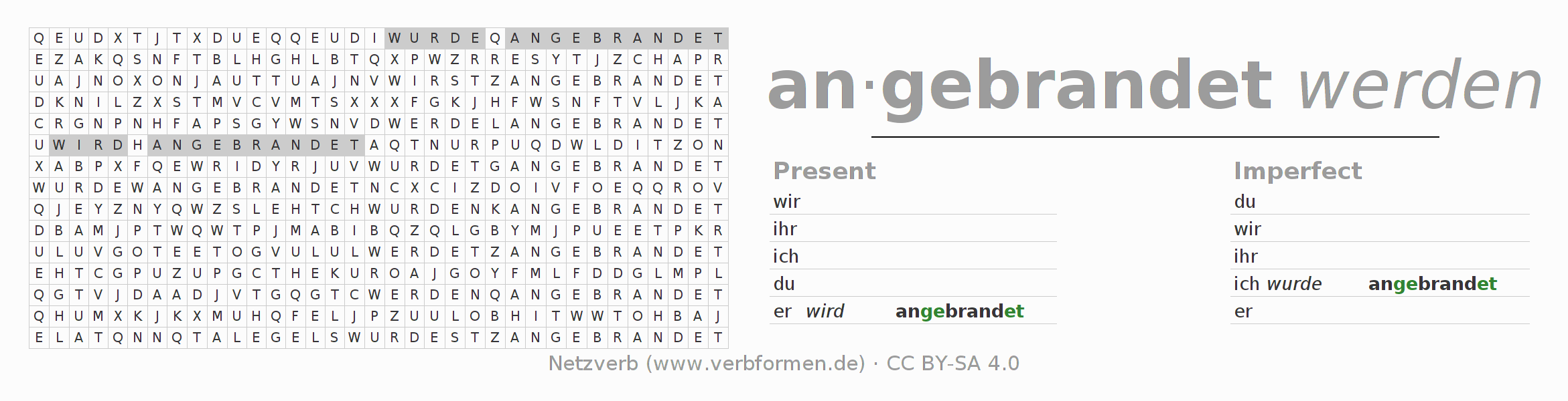 Word search puzzle for conjugation of German verb anbranden