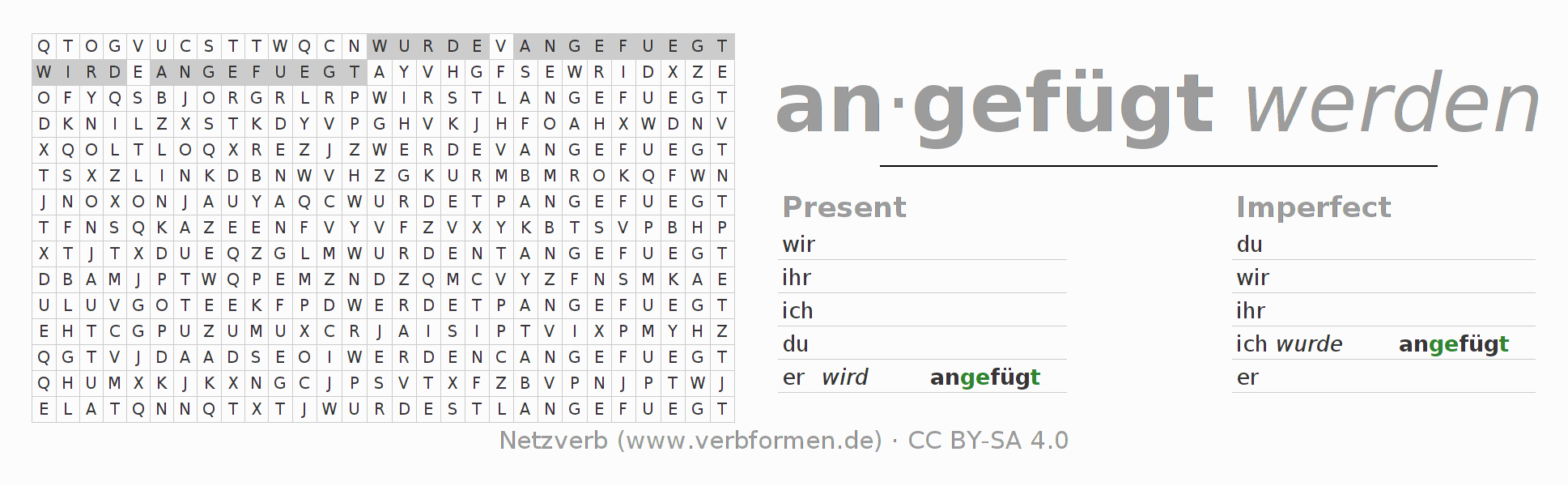 Word search puzzle for conjugation of German verb anfügen