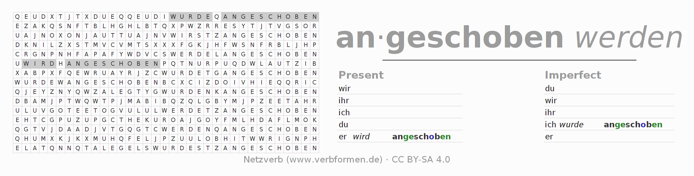 Word search puzzle for conjugation of German verb anschieben
