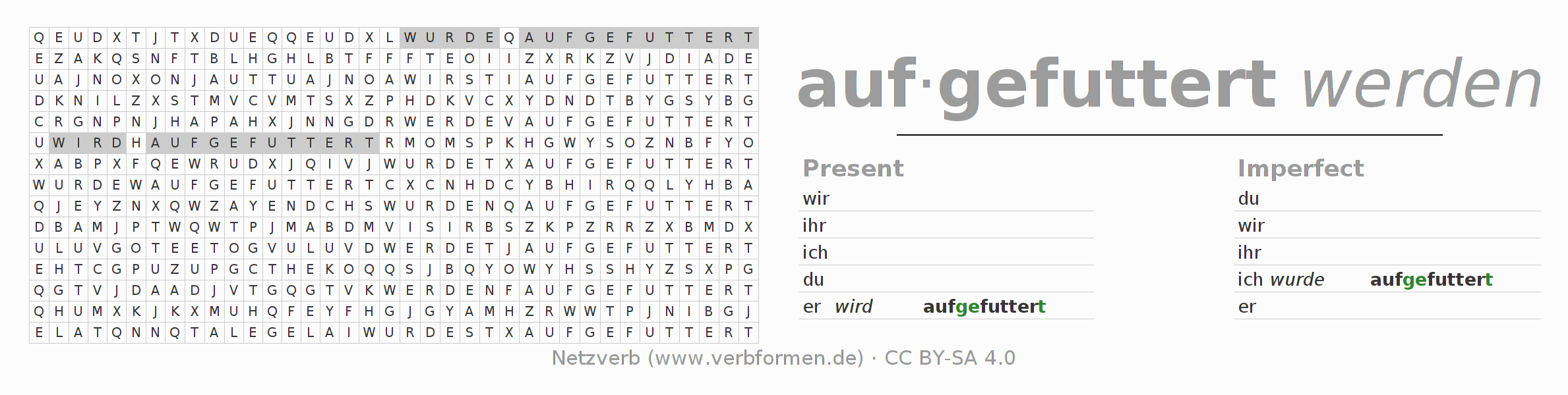 Word search puzzle for conjugation of German verb auffuttern