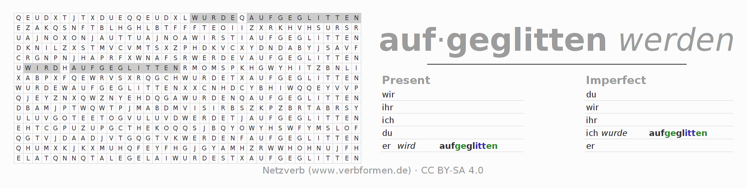 Word search puzzle for conjugation of German verb aufgleiten
