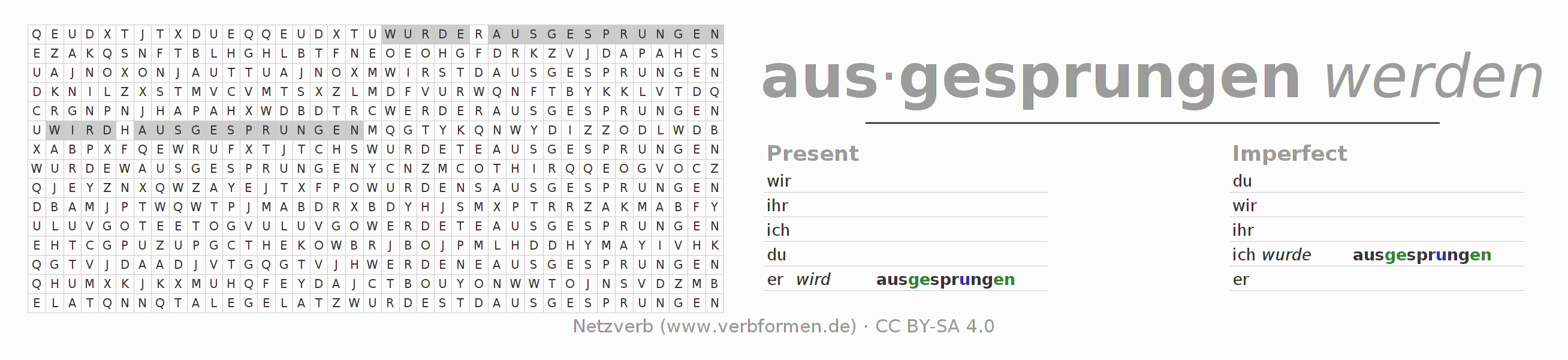 Word search puzzle for conjugation of German verb ausspringen (hat)