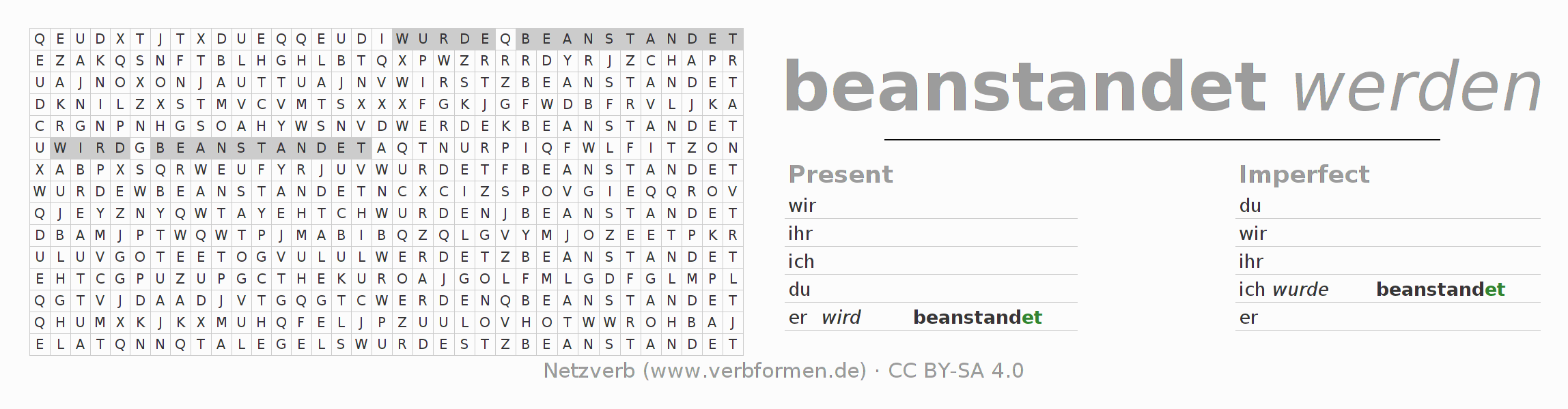 Word search puzzle for conjugation of German verb beanstanden