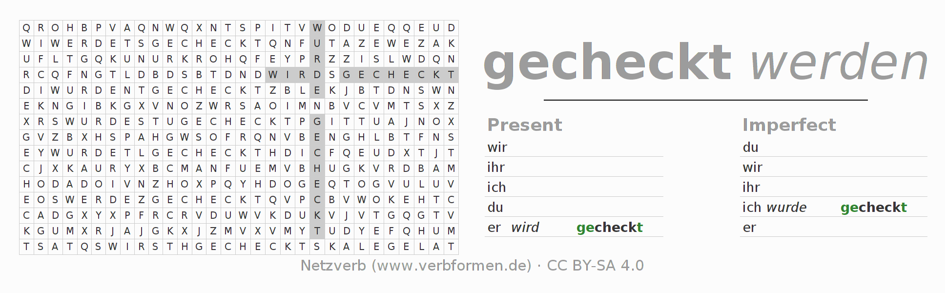 Word search puzzle for conjugation of German verb checken