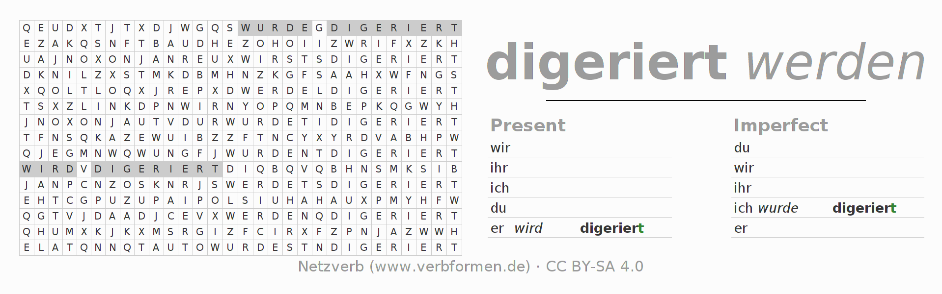 Word search puzzle for conjugation of German verb digerieren