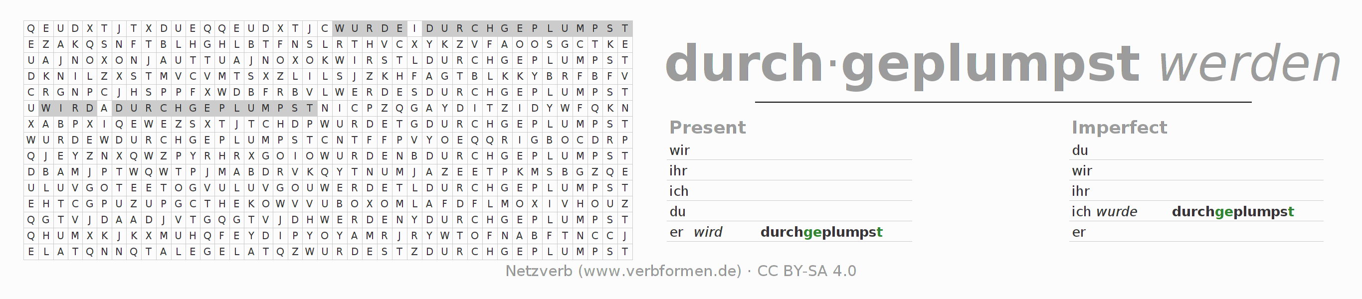 Word search puzzle for conjugation of German verb durchplumpsen