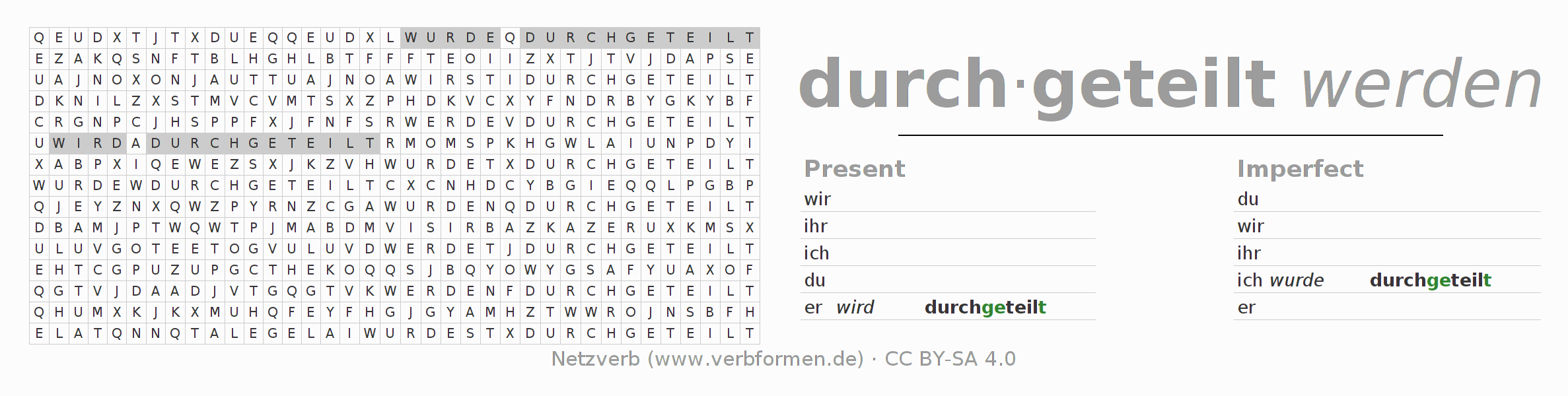 Word search puzzle for conjugation of German verb durchteilen