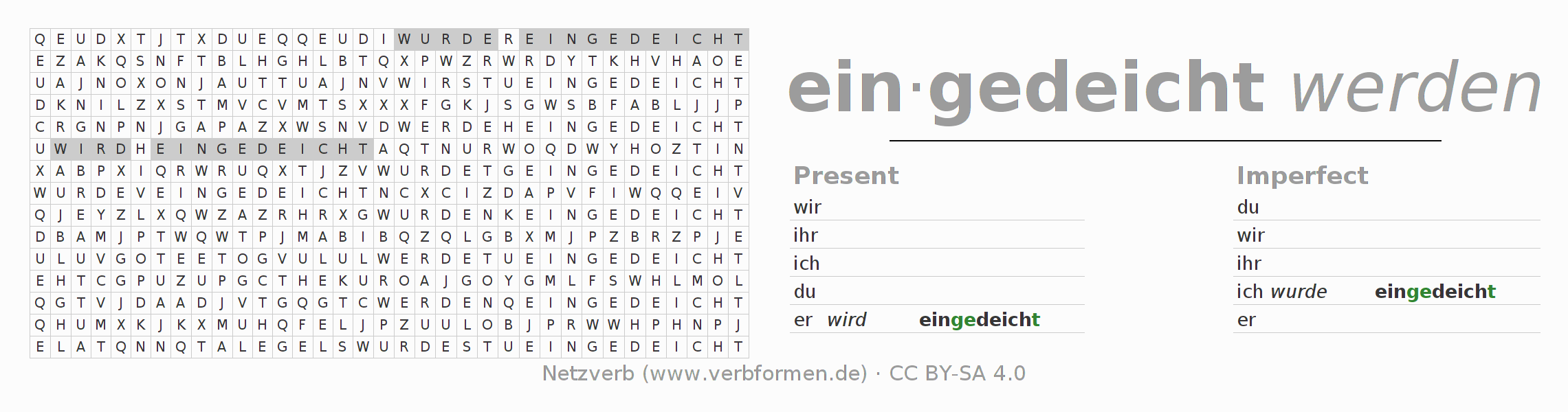 Word search puzzle for conjugation of German verb eindeichen