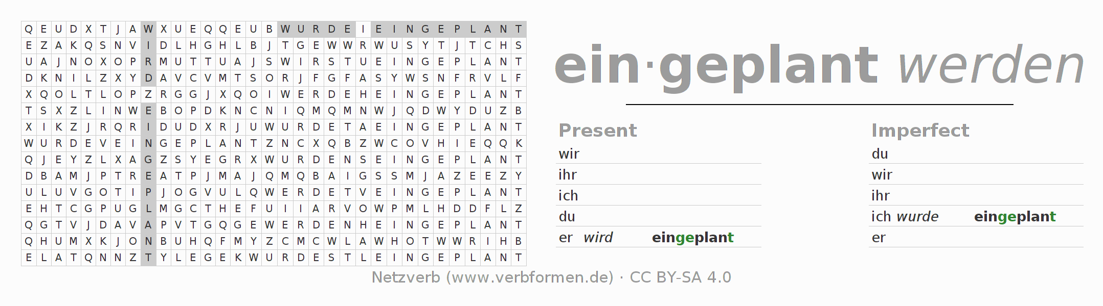 Word search puzzle for conjugation of German verb einplanen