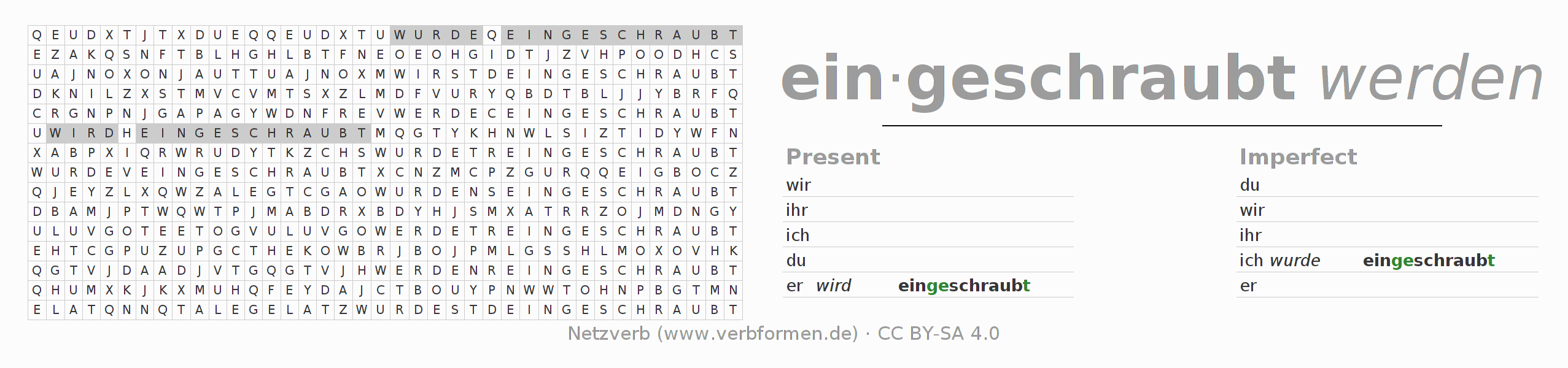 Word search puzzle for conjugation of German verb einschrauben