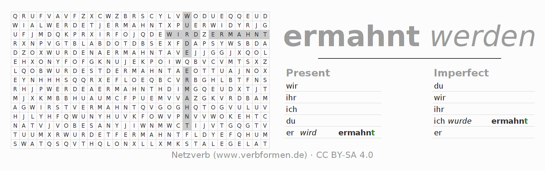 Word search puzzle for conjugation of German verb ermahnen