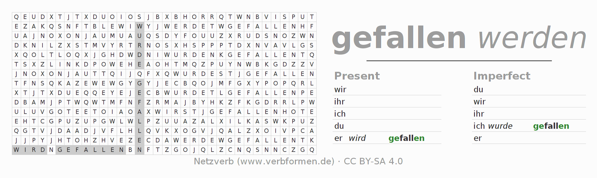 Word search puzzle for conjugation of German verb fallen