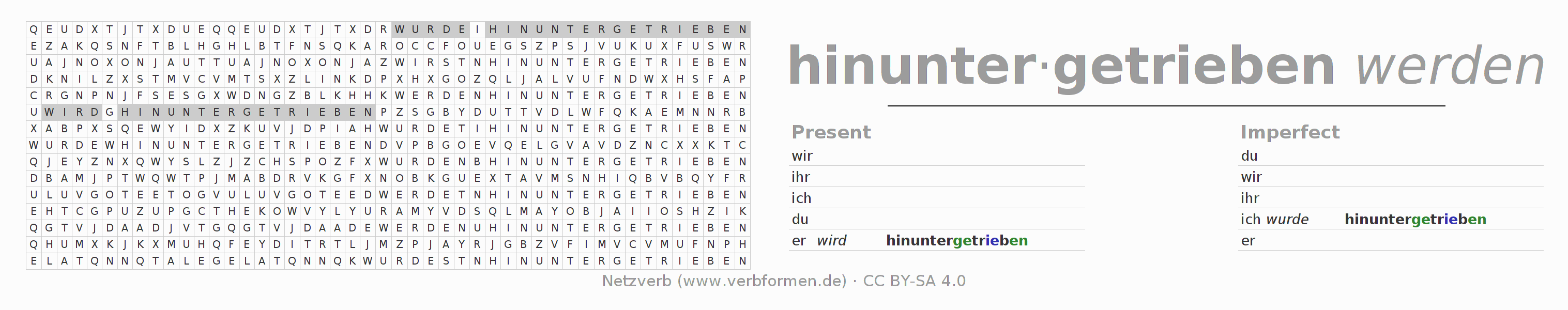 Word search puzzle for conjugation of German verb hinuntertreiben (hat)