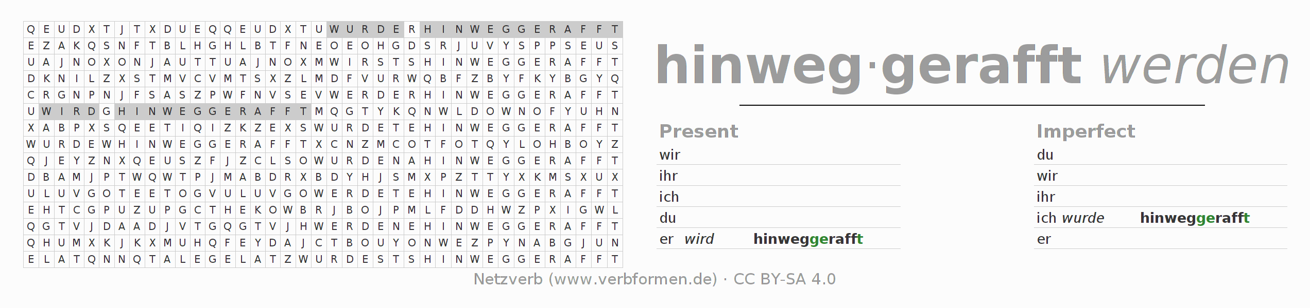 Word search puzzle for conjugation of German verb hinwegraffen