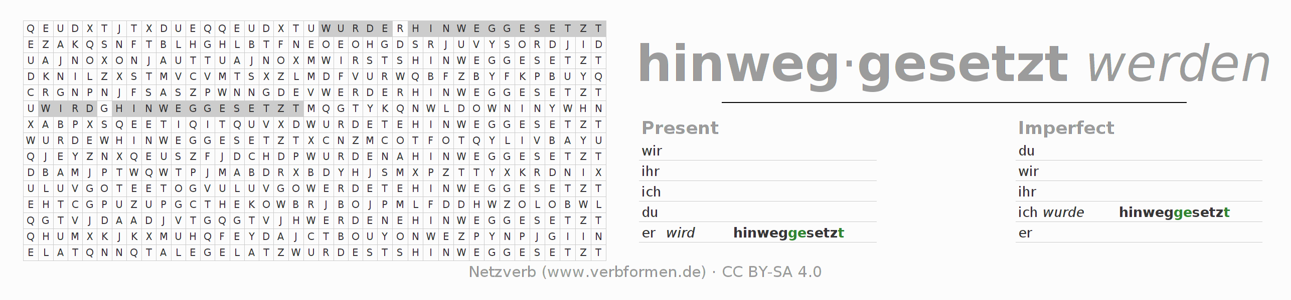 Word search puzzle for conjugation of German verb hinwegsetzen (hat)