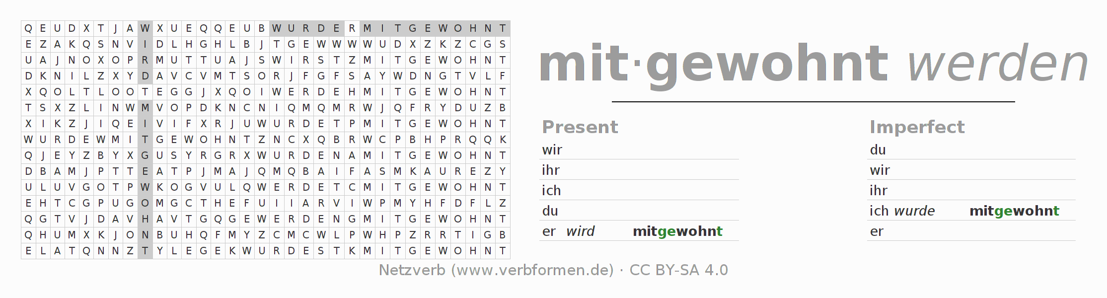 Word search puzzle for conjugation of German verb mitwohnen