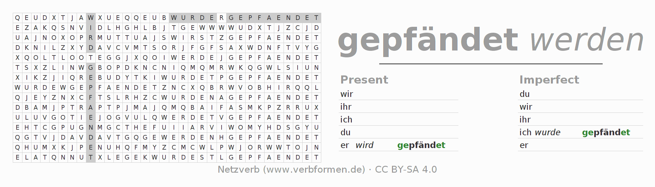 Word search puzzle for conjugation of German verb pfänden