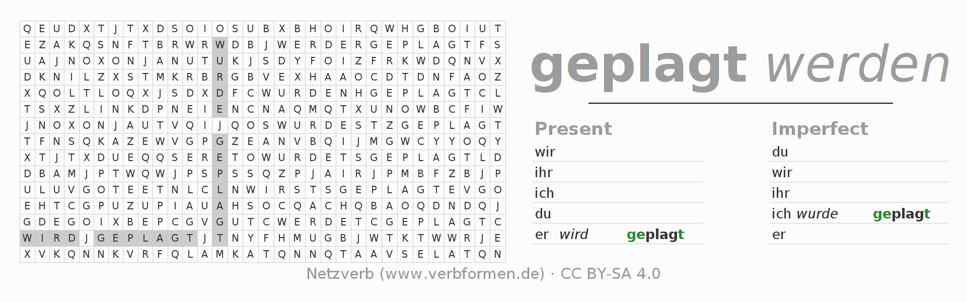 Word search puzzle for conjugation of German verb plagen