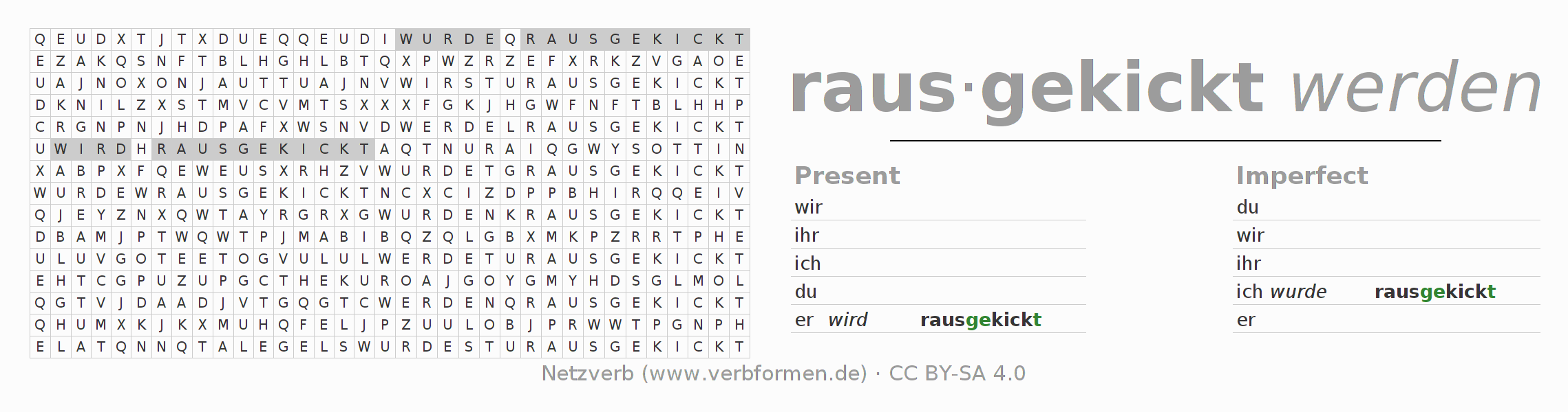 Word search puzzle for conjugation of German verb rauskicken