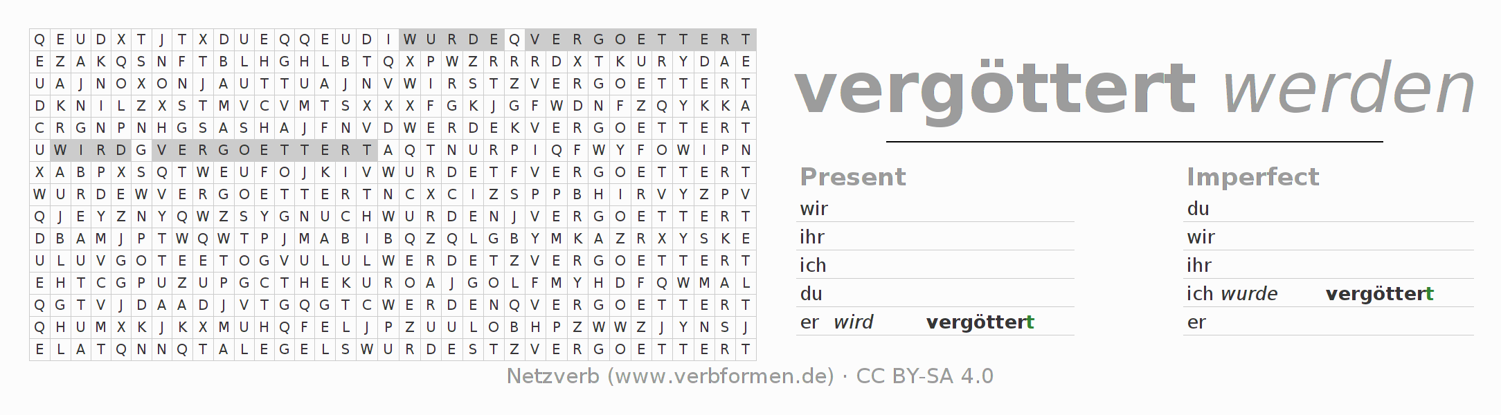 Word search puzzle for conjugation of German verb vergöttern