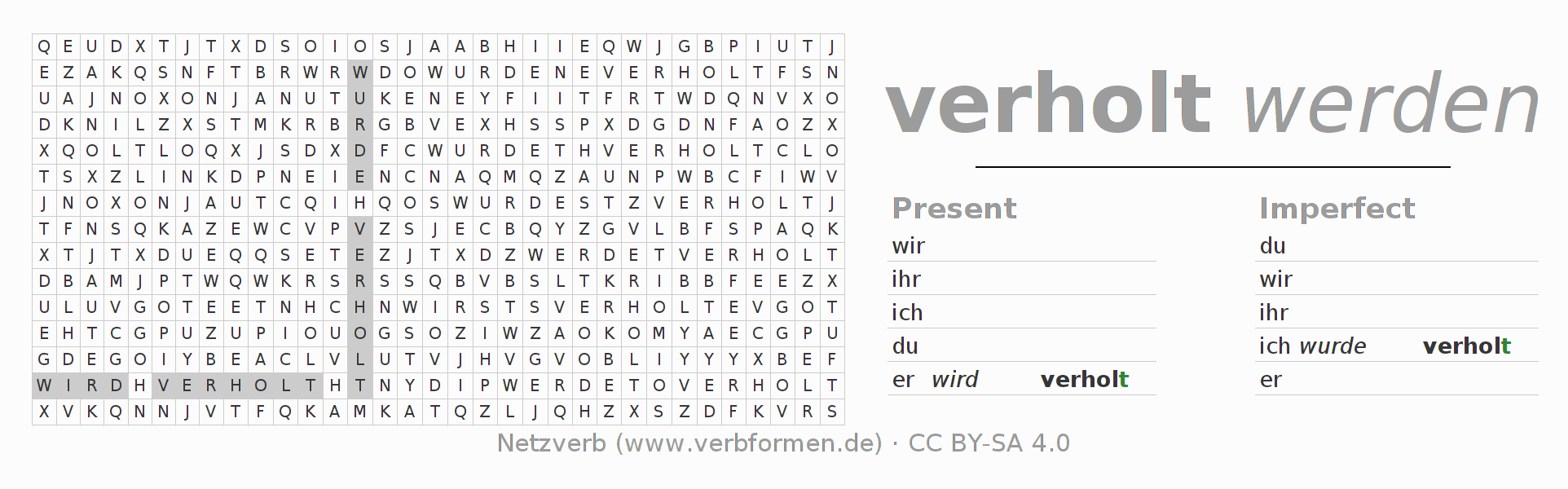 Word search puzzle for conjugation of German verb verholen