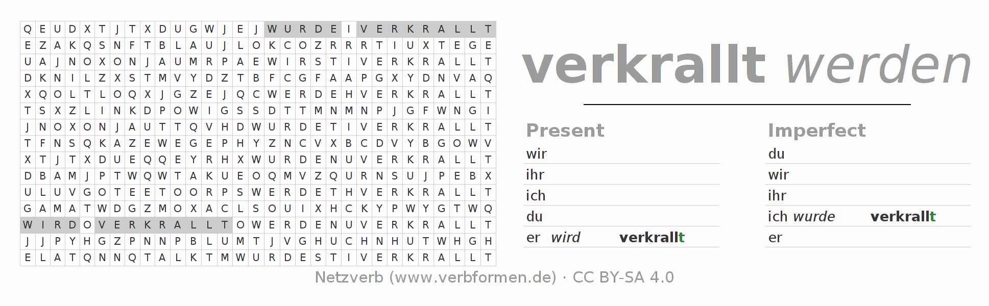 Word search puzzle for conjugation of German verb verkrallen