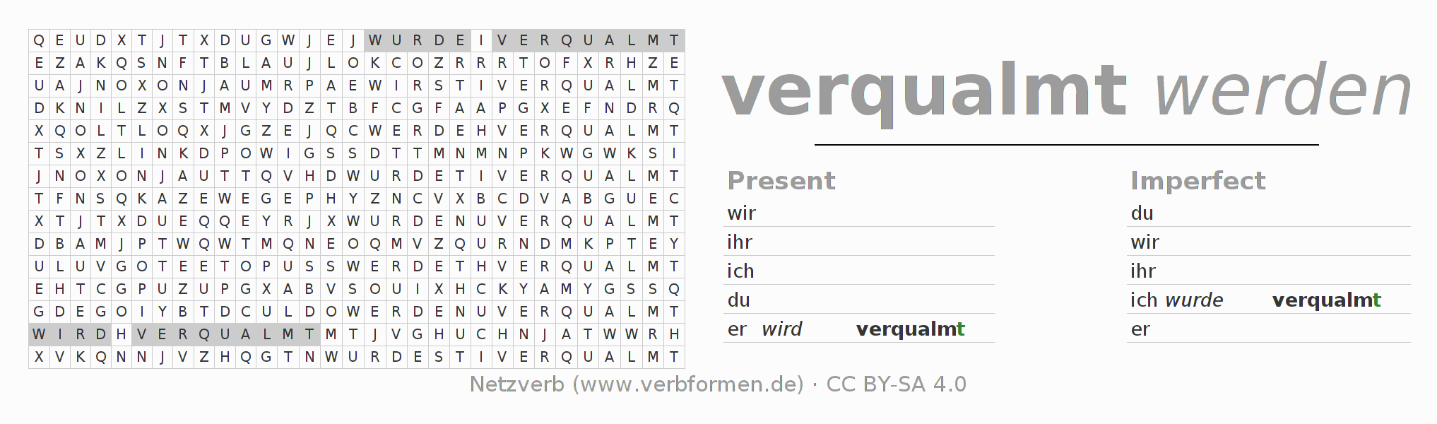 Word search puzzle for conjugation of German verb verqualmen (hat)