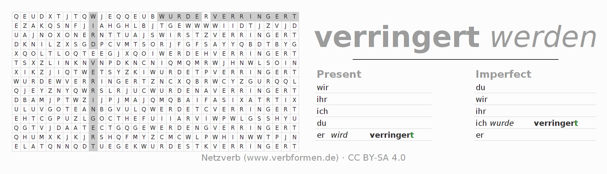 Word search puzzle for conjugation of German verb verringern