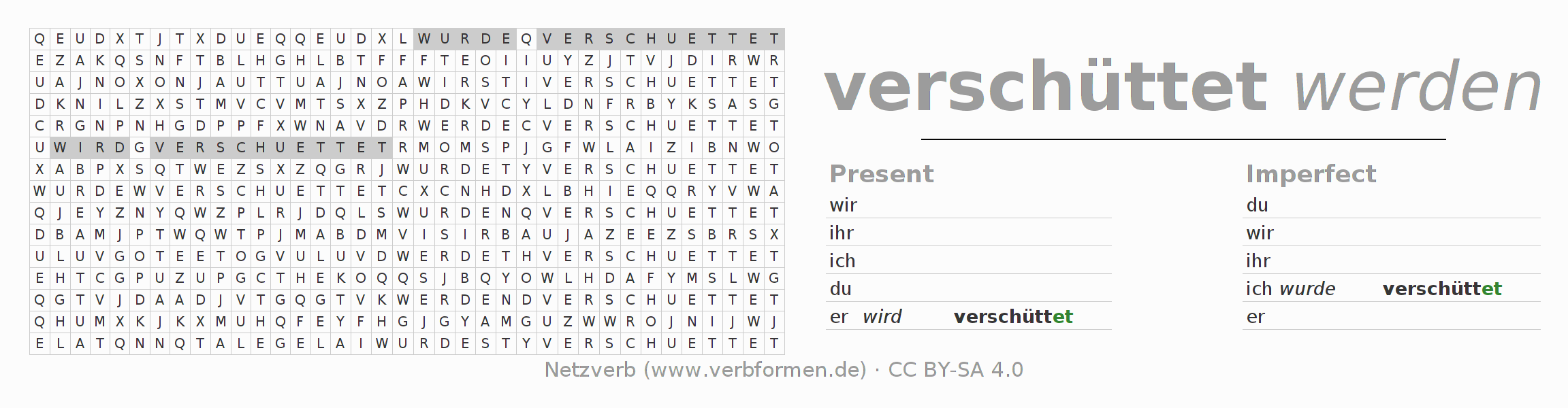 Word search puzzle for conjugation of German verb verschütten