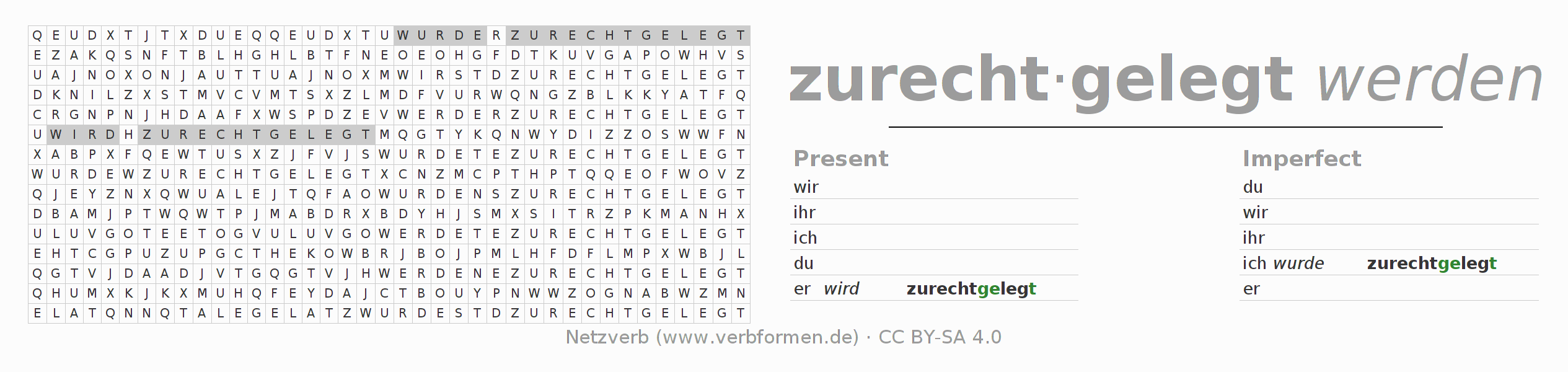 Word search puzzle for conjugation of German verb zurechtlegen