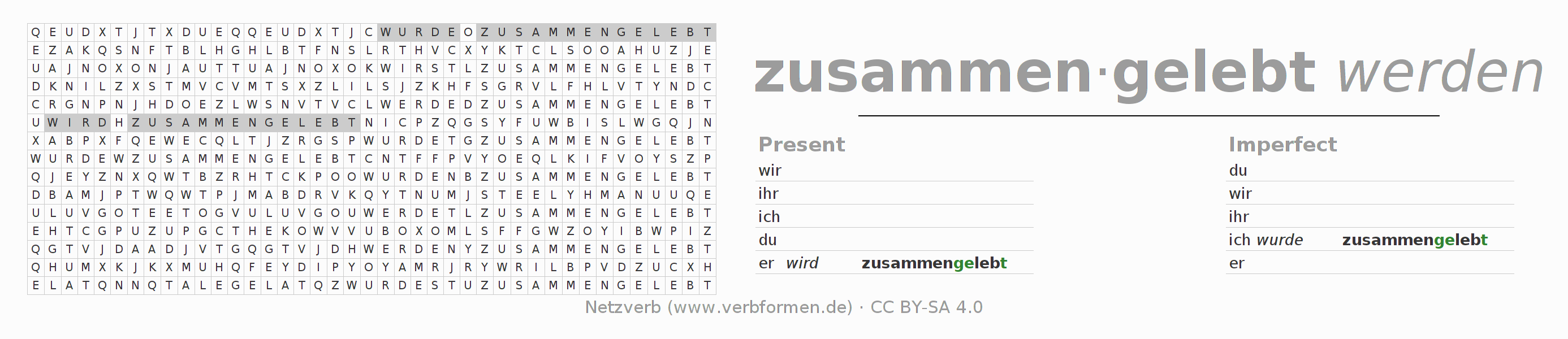 Word search puzzle for conjugation of German verb zusammenleben