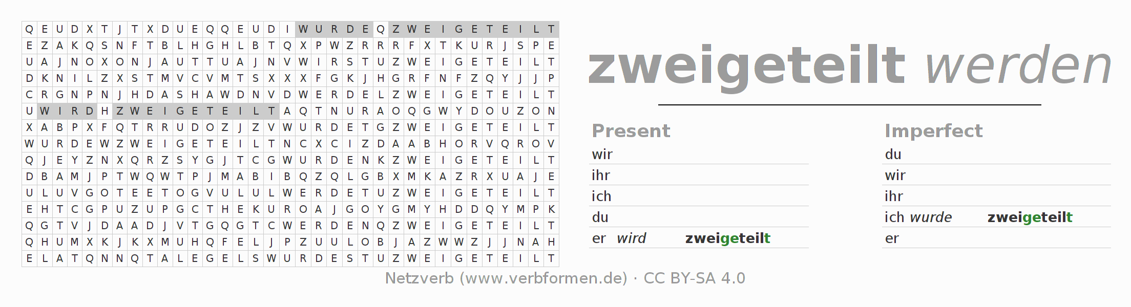 Word search puzzle for conjugation of German verb zweiteilen