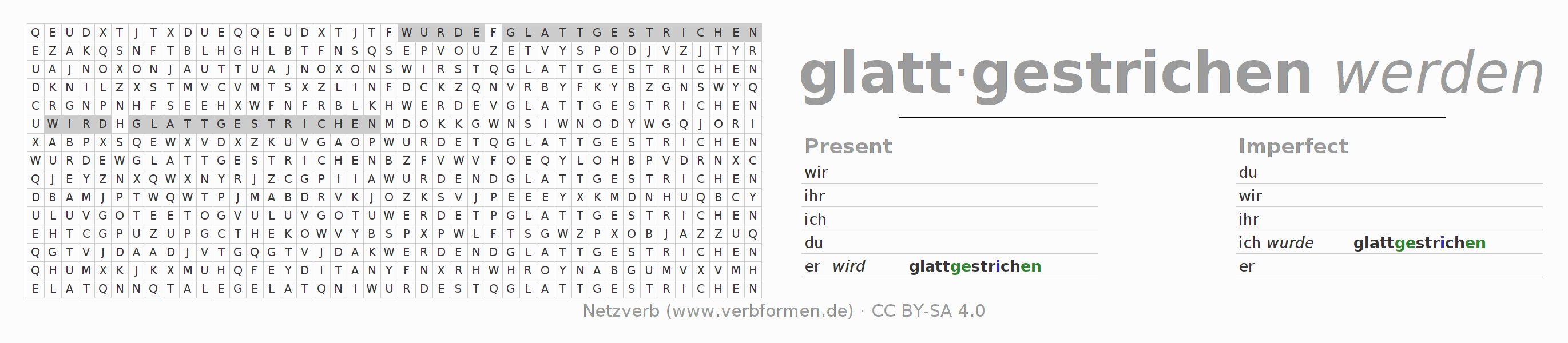 Word search puzzle for conjugation of German verb glattstreichen