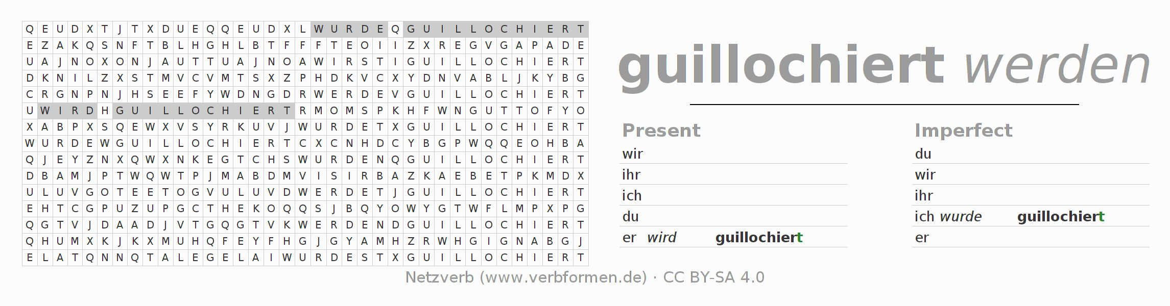 Word search puzzle for conjugation of German verb guillochieren