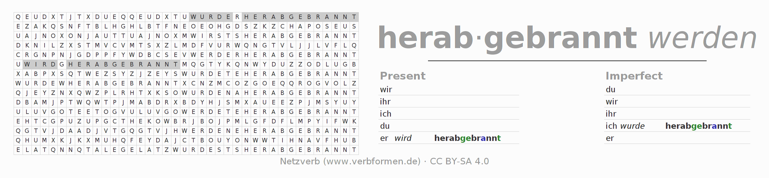 Word search puzzle for conjugation of German verb herabbrennen (ist)