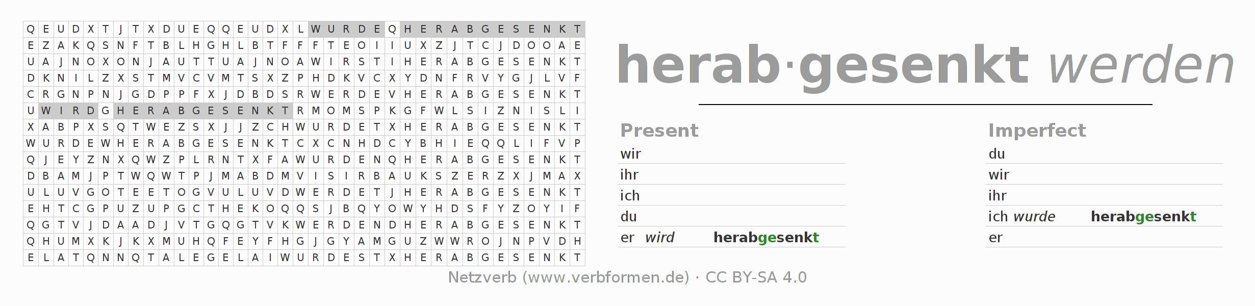 Word search puzzle for conjugation of German verb herabsenken