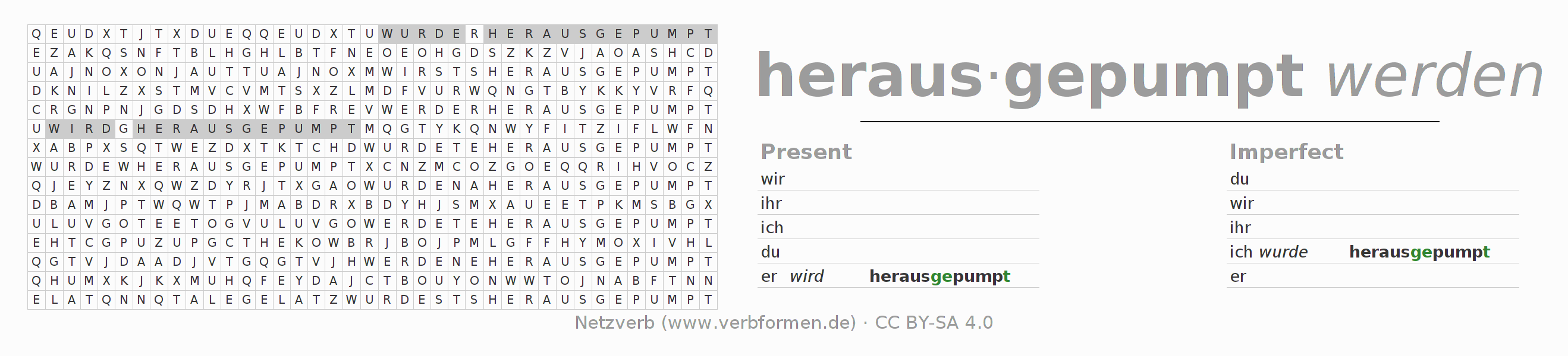 Word search puzzle for conjugation of German verb herauspumpen