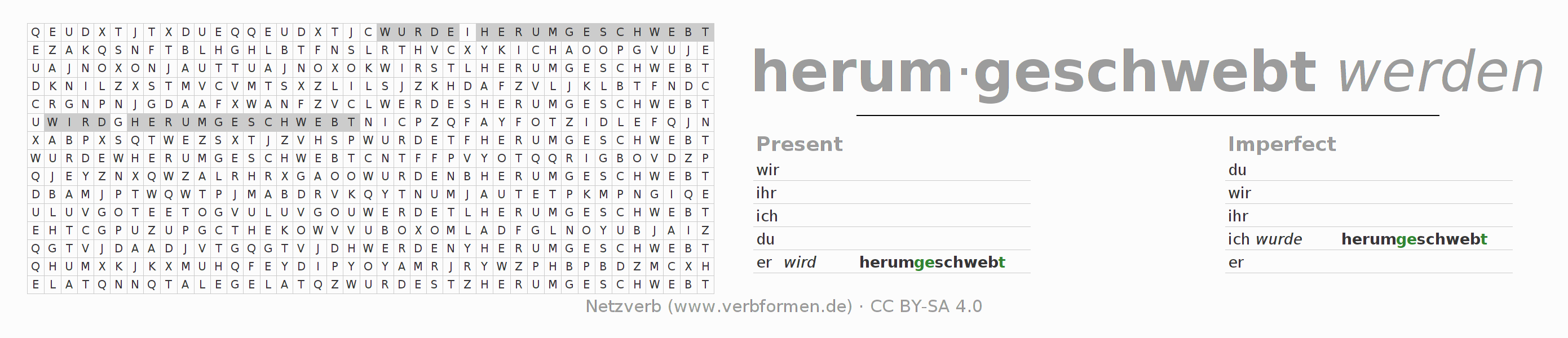 Word search puzzle for conjugation of German verb herumschweben (hat)