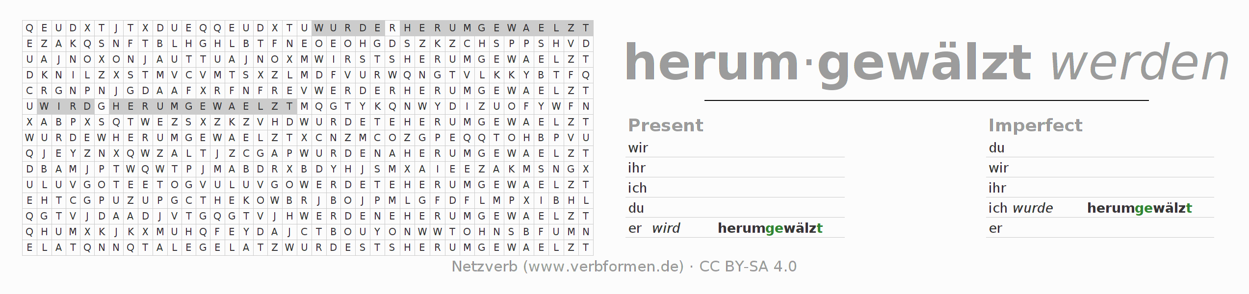 Word search puzzle for conjugation of German verb herumwälzen