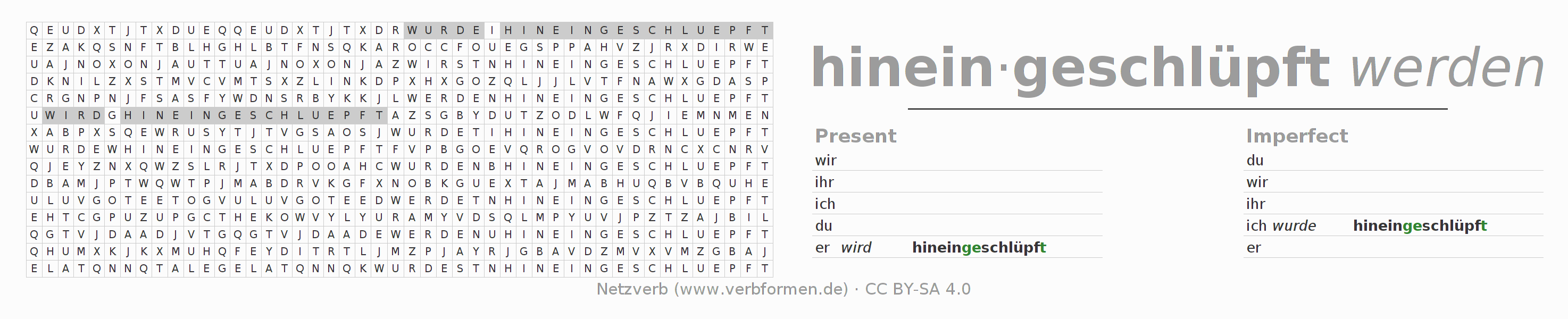 Word search puzzle for conjugation of German verb hineinschlüpfen