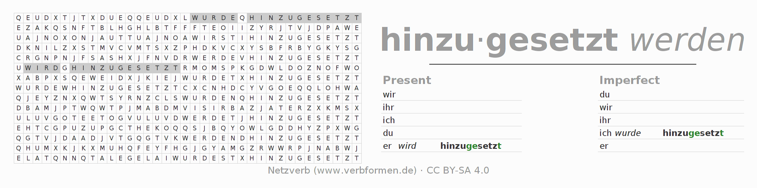 Word search puzzle for conjugation of German verb hinzusetzen