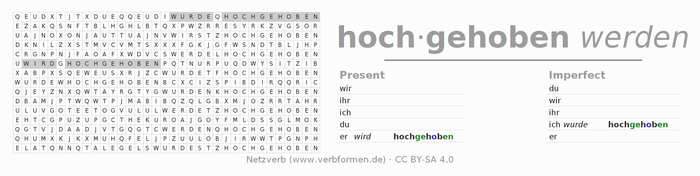 Word search puzzle for conjugation of German verb hochheben