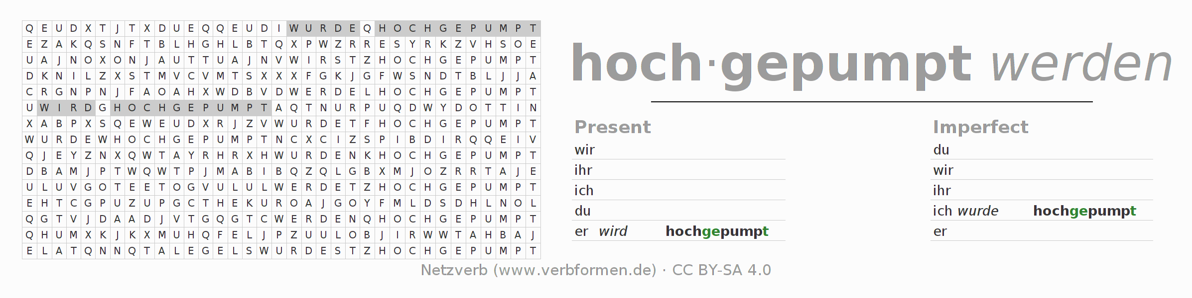 Word search puzzle for conjugation of German verb hochpumpen