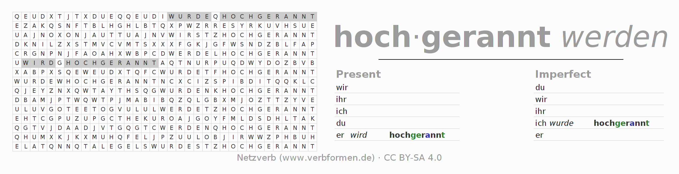 Word search puzzle for conjugation of German verb hochrennen