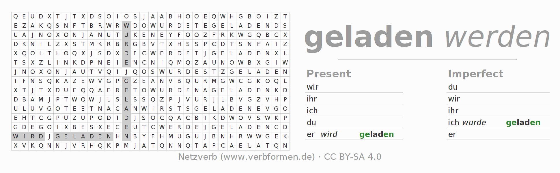 Word search puzzle for conjugation of German verb laden